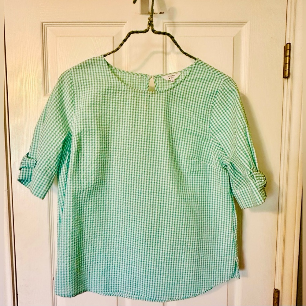 Crown & Ivy Green and White Gingham blouse with Bow Details at sleeve, size L